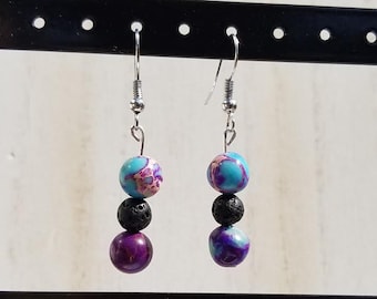 Galaxy Sea Sediment Jasper and Lava Bead Earrings - Diffuser Earrings