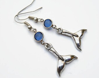 Whale Tail Birthstone Earrings, Nautical Charm Earrings, Personalized Swarovski Crystal, Nature Beach Earrings, Whale Jewelry