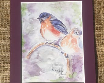 Garden Blue Bird Matted Watercolor Print
