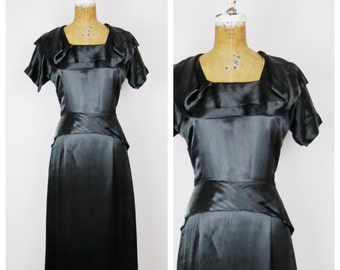 SALE Vintage 1940s Dress / 40s Black Satin Dress / One Size