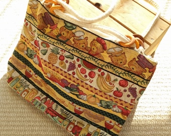 Vintage large kitsch teddy bears picnic carpet bag tote shoulder strap zipper closure wood rings