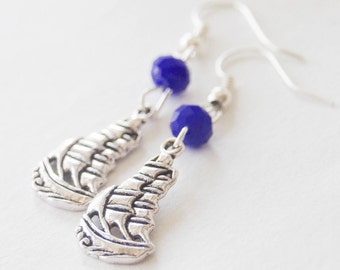 Nautical Earrings, Sailboat Earrings, Boat Earrings, Clipper Ship Earrings, Nautical Jewelry, Beach Earrings, Birthstone Gift, Beach Jewelry