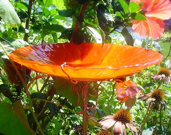 HOUSEWARMING Gift, Stained Glass, BIRD BATH, 8.5" diameter, Red Orange, copper garden art, bird feeder, Garden gift, suncatcher