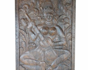 CONSCIOUS DESIGN Vintage Hand Carved Wood Door Saraswati Goddess of knowledge, music, healing, purifying powers  Eclectic Decor