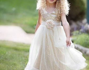 Flower girl dress, Ivory gold flower girl dress, Flower girl dresses, Rustic Flower girl dress, Ivory Flower girl dress,Country flower girl