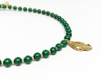 Malachite Necklace with Gold Leaf Pendant