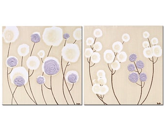 Set of Two Flower Paintings on Small Canvas, Khaki and Lavender Art with Textured Flowers - Small 21x10