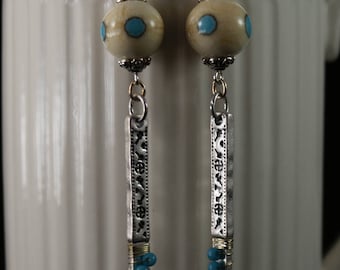 Handmade Lampwork Earrings, Ivory, Turquoise, Silver Colored Charms