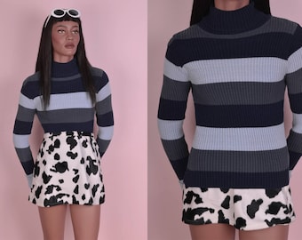 90s Striped Ribbed Turtleneck Sweater/ Medium/ 1990s/ Long Sleeve