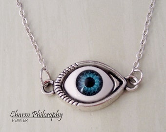 Eyeball Necklace - Blue Eye Jewelry - Antique Silver Toned Jewelry