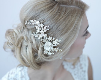 Ivory & Gold Floral Clip, Bridal Hair Accessory, Gold Bridal Hair Clip, Floral Bridal Clip, Gold Hair Comb, Gold Headpiece, TC-2274