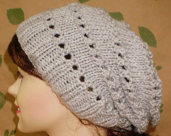 Silver gray lacy slouchy hat, winter hat, womens knit hat, gray hat, toque, slouchy beanie, lacy hat, snowboard, gray slouchy hat, chemo cap