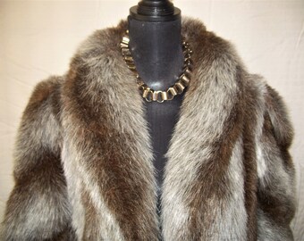 Vtg 1980s Brown & Gray Plush Jordache Faux Fur Coat Sz 15/16