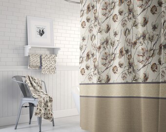 Cotton Boll Shower Curtain, Faux Burlap , Farmhouse Chic , Bath Mat, Bath Towels