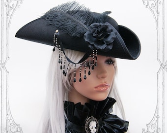 Goth Pirate Tricorn ( steampunk, black, hat )