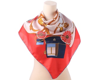 Equestrian Silk Scarf 80s Retro CARRIAGE Print Shawl Bohemian Navy Blue Ivory Luxury Neckwear Retro Golden Printed Gift Urban