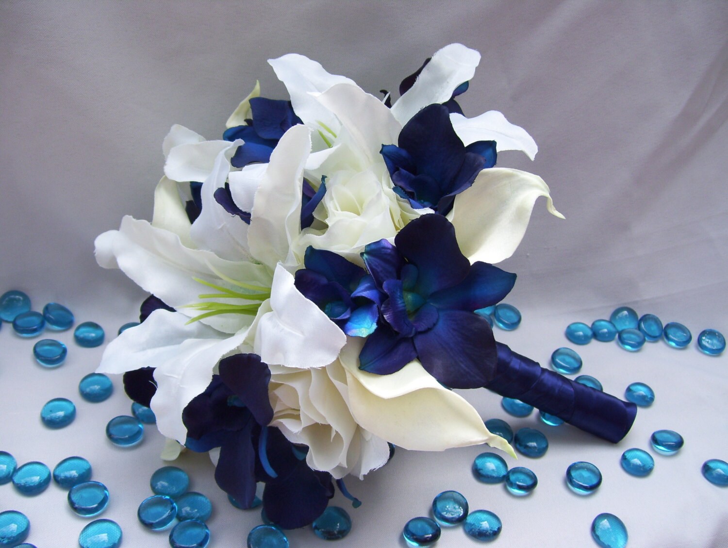 Michael's Silk Bridal Bouquet with Blue Violet Dendrobium