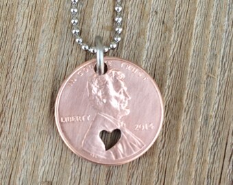 Lucky penny necklace open heart anniversary gift for her or him special year penny jewelry