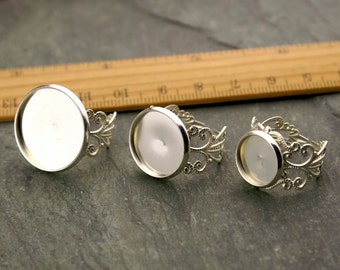 10 Sterling silver plated Adjustable Filigree Ring Base Bezel Setting - fit for 12mm,16mm,20mm cabochon gmm165s(10pcs)