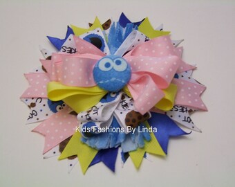 Pink/Blue Hairbow with Cookie Monster Fabric Button Center