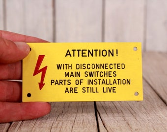 Warning high voltage sign, Danger sign, Yellow red wall sign, Wall hanging sign, Vintage collectible sign, Industrial decor, Flash sign