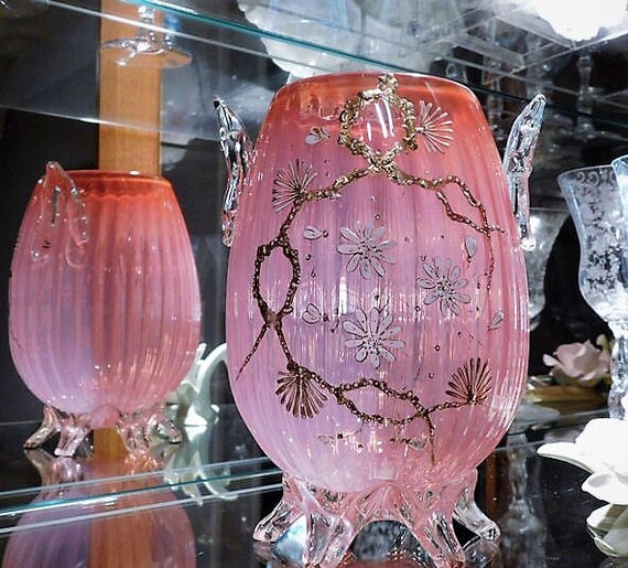 Large Antique Webb Footed Vase / Pink Cased Glass / Hand Painted / Gold Enameling