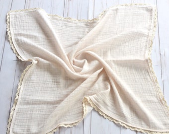 The Lovie Ivory Mudcloth Muslin Blanket with Crochet Trim