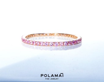 Light Pink Sapphire Eternity Ring . Half or Full Eternity 14k 18k . Wedding Band . Stacking Ring . Yellow White Rose Solid Gold . Polamai