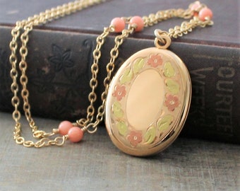 Enamel Locket, Gold Locket Necklace, Gold Oval Locket Pendant, Gold Photo Locket, Coral Necklace, Push Gift, Vintage Locket, Gift for Mom