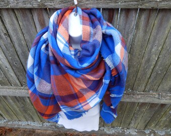 Orange / Blue Plaid Blanket Scarf
