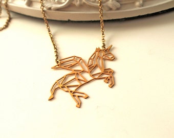 Golden flying Unicorn necklace fantasy filigree geometric