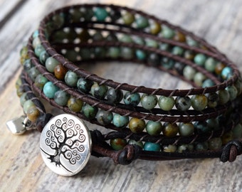 African Turquoise Wrap Bracelet, Beaded Wrap Bracelet, Boho Wrap Bracelet, Bracelet Wrap, Leather Wrap