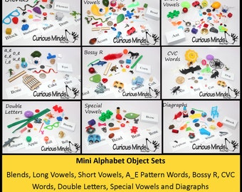 Montessori Alphabet Objects Mini Lots - Object and Word Cards for Diagraph, Blends, Special Vowels, CVC Words, Short and Long Vowels, A_E