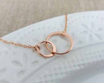 Rose Gold Two Circle Necklace, Double Circle Necklace, 2 Interlocking Circles Necklace, Couple Necklace, Christmas Gift, Shop UK Gift