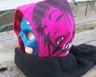 Love At First Bite Female Vampire Fleece Hooded Scarf Scoodie Upcycled Shirt OOAK Ready to Ship