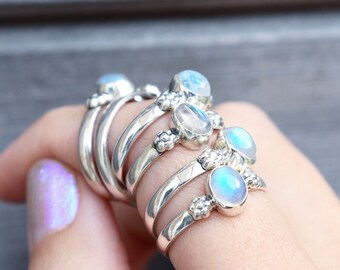 925 Sterling Silver Rainbow Moonstone bohemian stacking statement ring boho jewellery gemstone jewelry