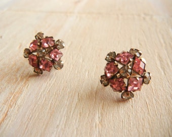 1950's Pink Rhinestone Earrings | 12k Gold Filled Flower Earrings