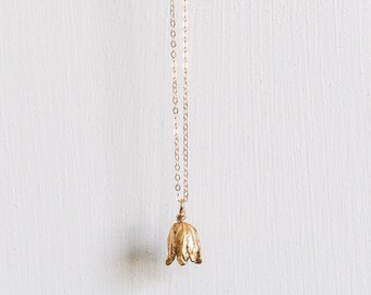 Tulip necklace. detailed brass tulip w/14k gold filled chain and components. flower of grace, elegance, love. 11th anniversary flower