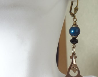 Antiqued Earrings Brass Petrol Blue Crystal Dangle