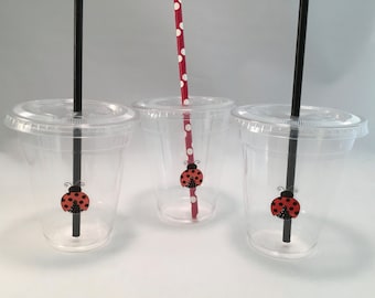 Ladybug Party Cups with Lids and Straws, Plastic Ladybug Party Drink Cups