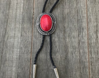 Silver and Red stone Bolo Tie
