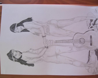 drawing original nude pencil erotic femin "hippies" A3 fine art signed G.Vanspey