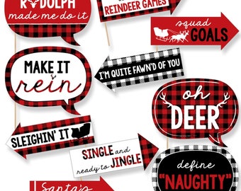 Funny Prancing Plaid Photo Booth Props - Christmas Party Photo Booth Prop Kit - Buffalo Plaid Holiday Party - Lumberjack - 10 Props & Dowels
