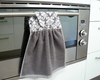 Hanging Hand Towel - dark grey towel with grey and white damask