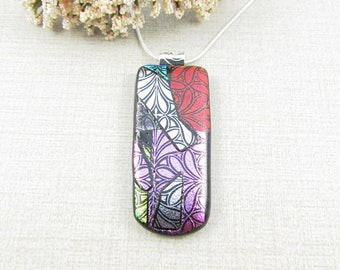 Fused Dichroic Glass Pendant - Red, Silver and Pink Dichroic Necklace - Leaf Pattern Glass Pendant - One of a Kind Dichroic Glass Jewelry