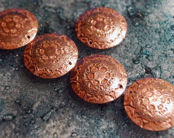 Etched Copper Spacer Disks - copper flower - drilled spacer disks