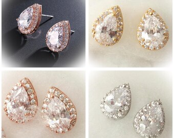 Bridesmaid earrings, rose gold stud earrings. bridesmaid gifts, teardrop stud earrings, CZ studs, bridal earrings, bridal party gifts