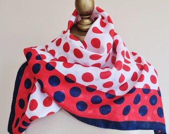 POLKA dot scarf, red white blue, square scarf, ladies headscarf, hair wrap, patriotic accessory, shawl, vintage scarf, 80s fashion
