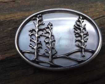 Designer vintage pin Mother of Pearl MOP sterling silver - winter landskape- ON SALE
