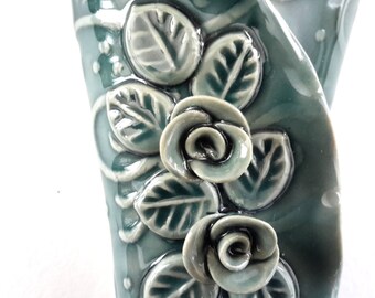 Teal Wall Pocket // Wall Vase // Handmade Ceramic Wall Pocket // Wall Pocket // Garden Pottery // Wall Pocket with Roses // Valentine